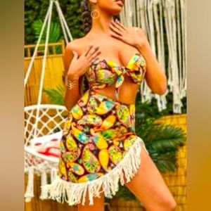 NWT Floral & Paisley Print Knot Front Tube Top & Fringe Asymmetrical Hem Skirt